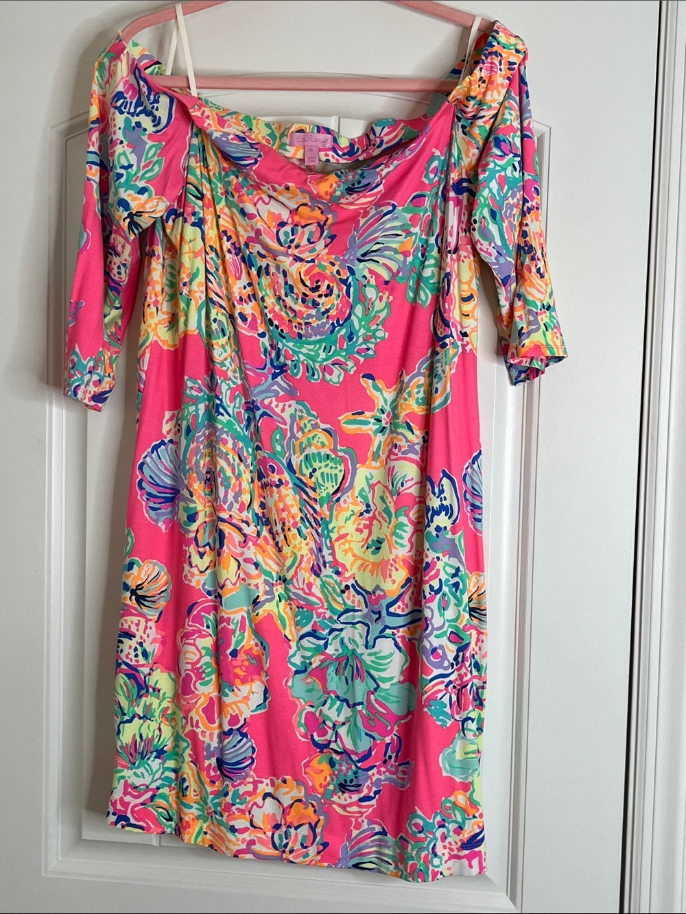 Lily Pulitzer-Vibrant Pink Floral Off-Shoulder Dress-XL